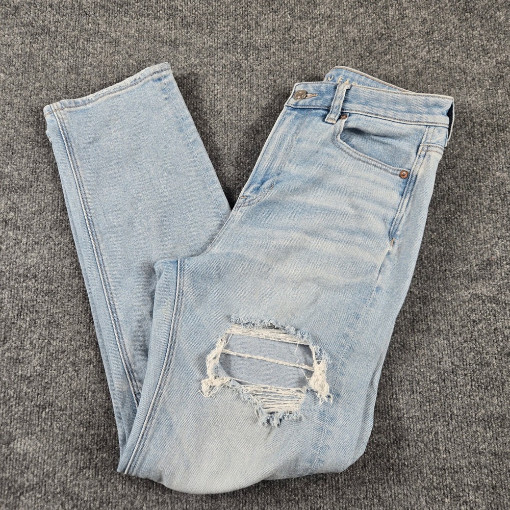 American Eagle Mom Jeans Womens 4 Light Blue Distressed High Rise Stretch